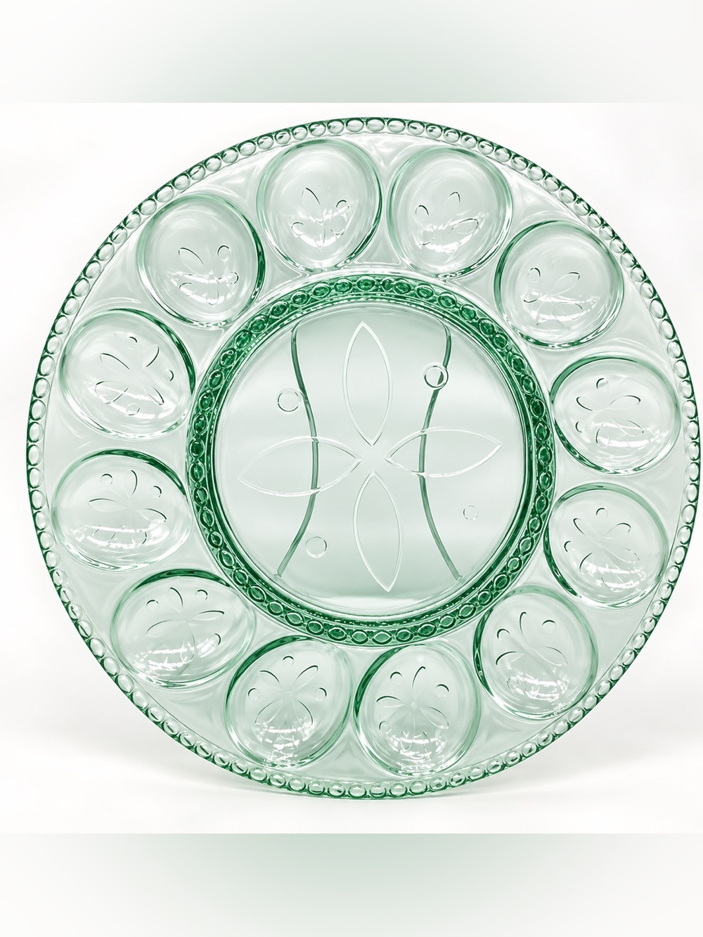 Vintage Longaberger Green Glass Deviled Egg Plate 11” Serving Platter